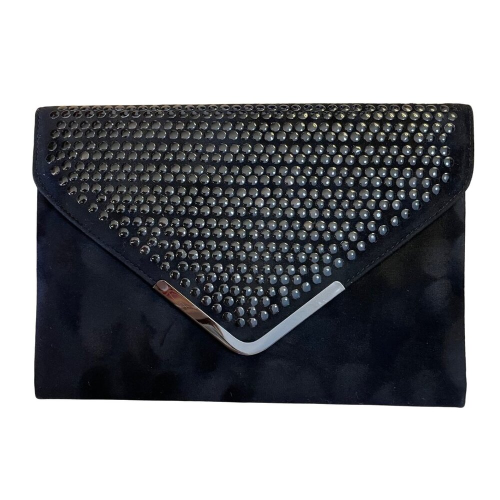 Elegant Black Suede Envelope Clutch With Studded Front and Crossover Chain Strap